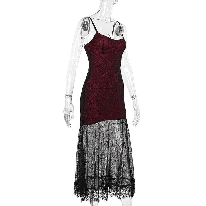 details of a gothic black and red punk lace dress