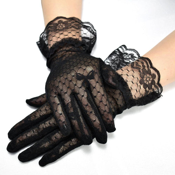 gothic black mesh bow lace short gloves