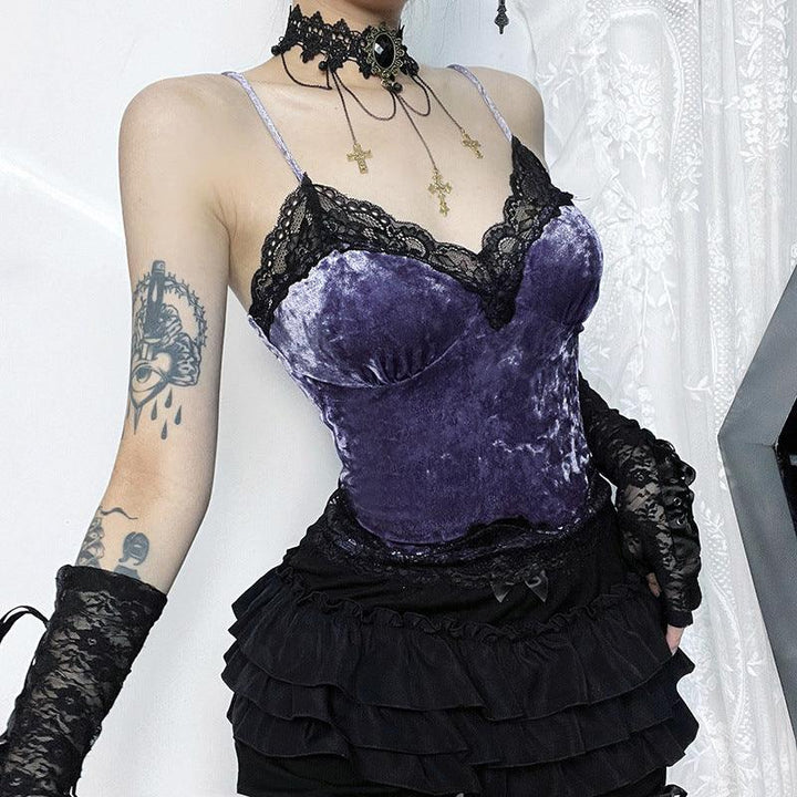 a woman wear a gothic purple velvet lace camisole sleeveless top