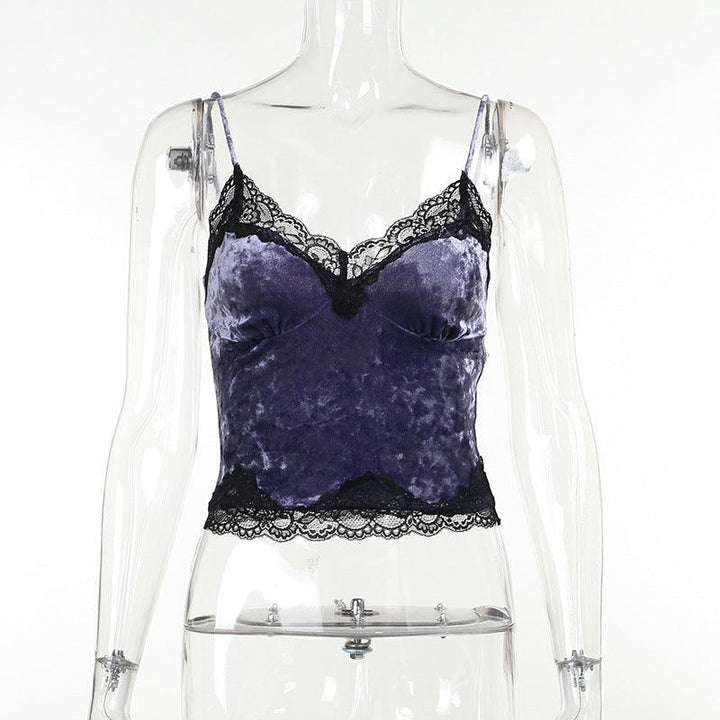 details of a gothic purple velvet lace camisole sleeveless top