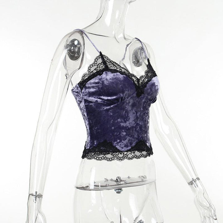 details of a gothic purple velvet lace camisole sleeveless top