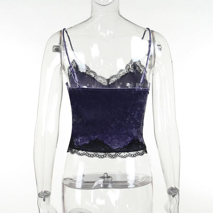 details of a gothic purple velvet lace camisole sleeveless top