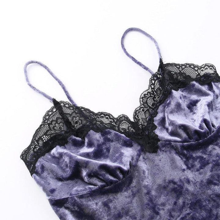 details of a gothic purple velvet lace camisole sleeveless top