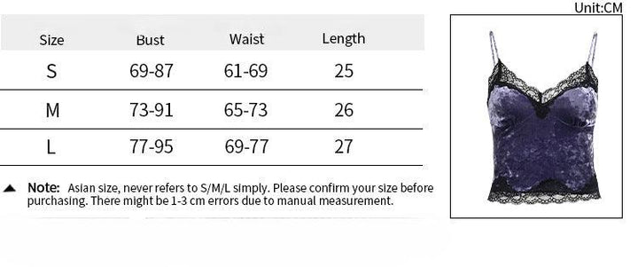 size chart of a gothic purple velvet lace camisole sleeveless top
