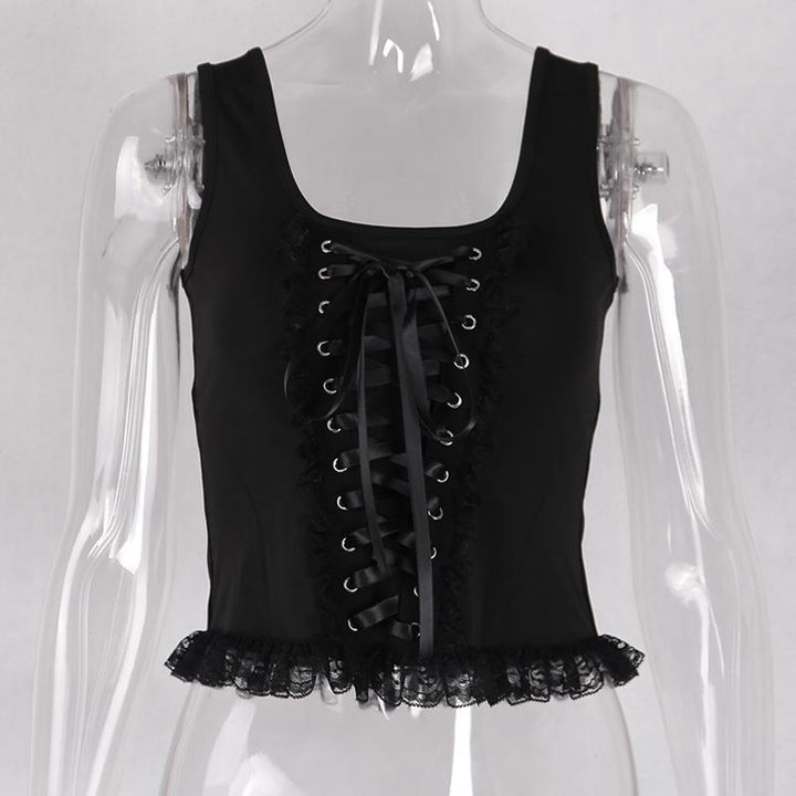 details of a gothic punk strappy black sleeveless top vest