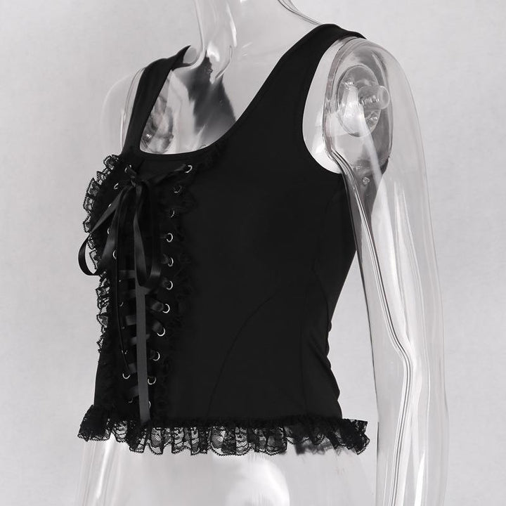 details of a gothic punk strappy black sleeveless top vest
