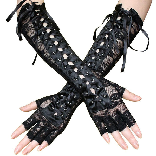 gothic sexy black lace strap long gloves