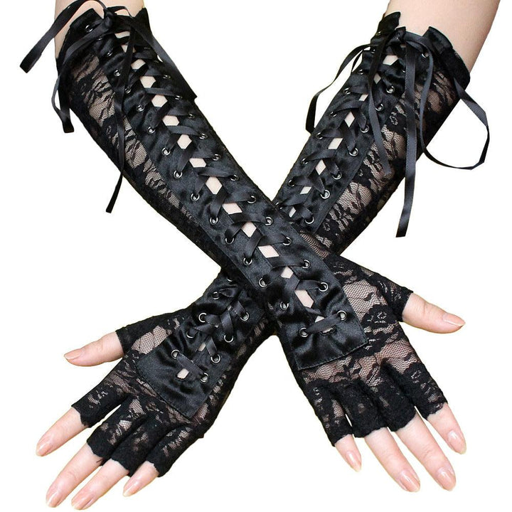gothic sexy black lace strap long gloves