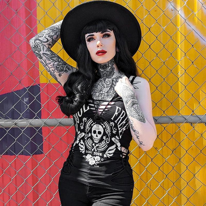 a woman wear a gothic sport street style skull print vest camisole