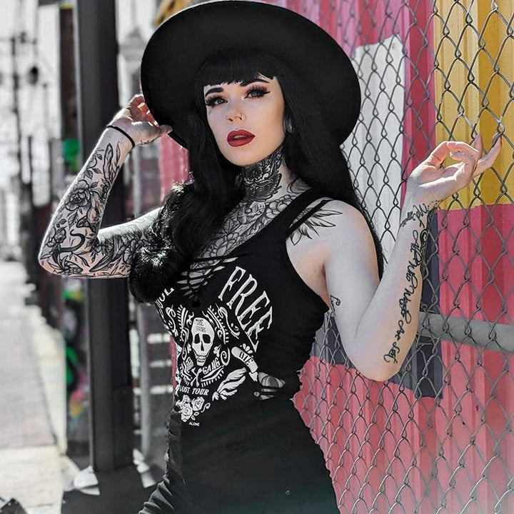 a woman wear a gothic sport street style skull print vest camisole