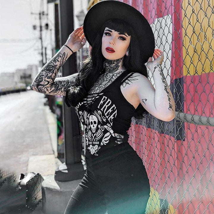 a woman wear a gothic sport street style skull print vest camisole