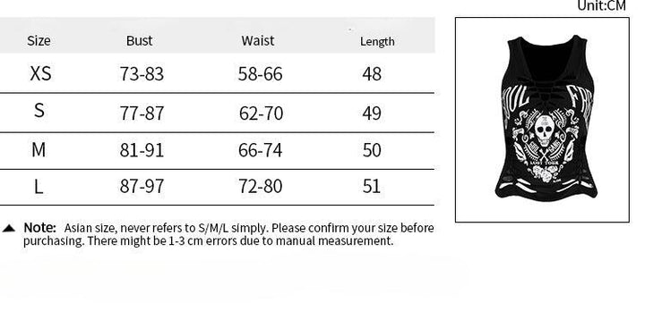 size chart of a gothic sport street style skull print vest camisole
