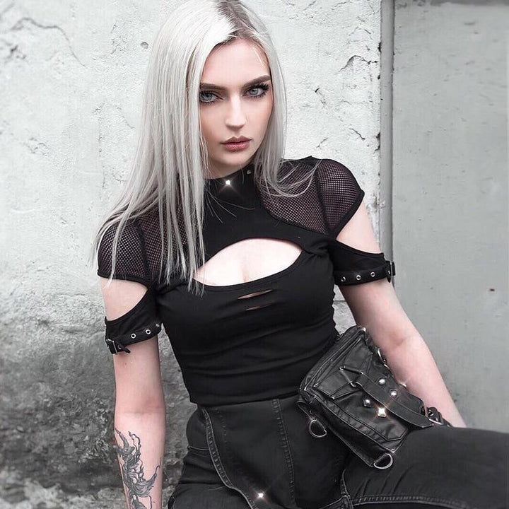 a woman wear a gothic vintage hollow short sleeve t shirt
