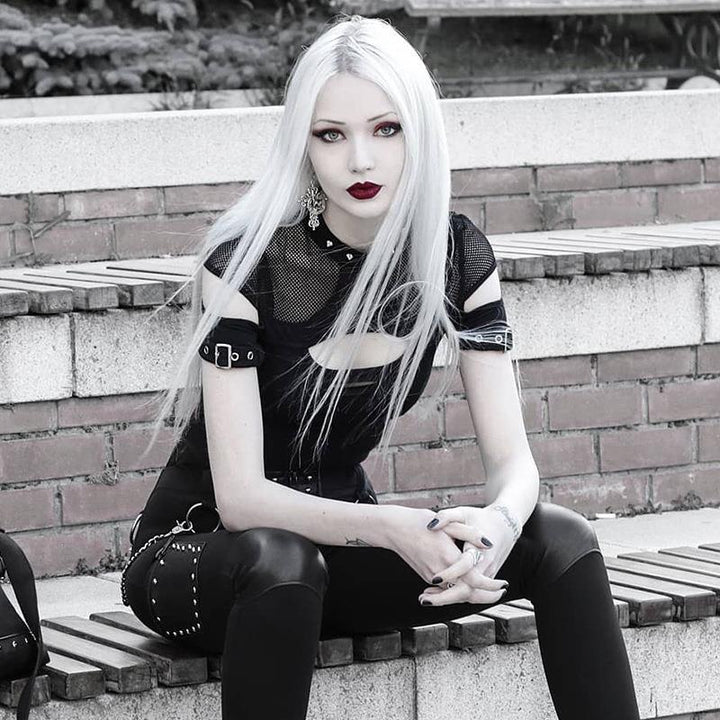 a woman wear a gothic vintage hollow short sleeve t shirt