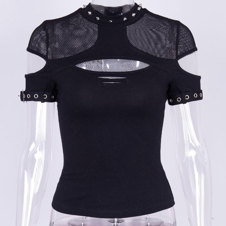 details of a gothic vintage hollow short sleeve t shirt