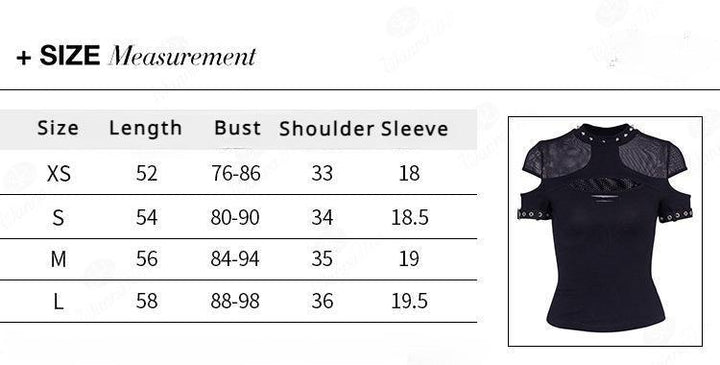 size chart of a gothic vintage hollow short sleeve t shirt
