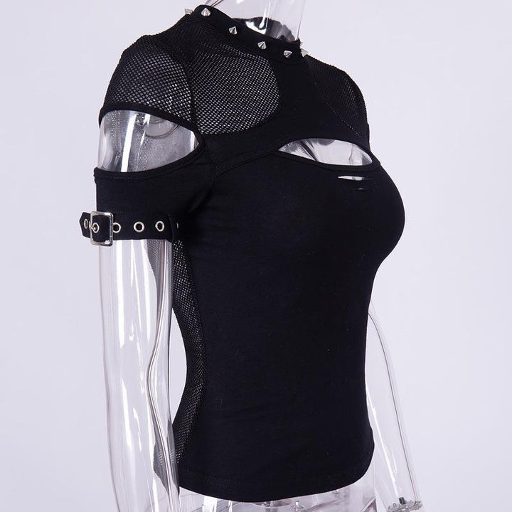 details of a gothic vintage hollow short sleeve t shirt