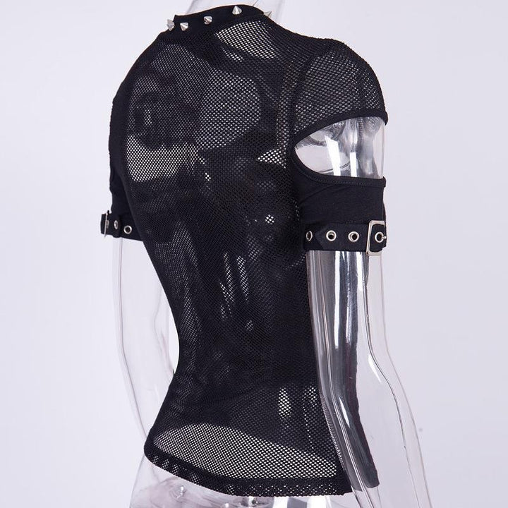 details of a gothic vintage hollow short sleeve t shirt