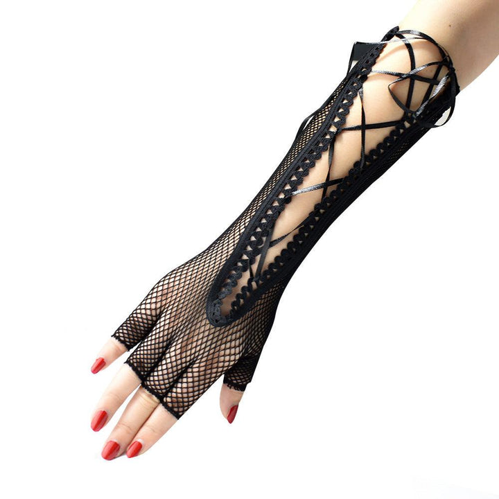 a woman wear gothic vintage punk long fishing net half finger gloves