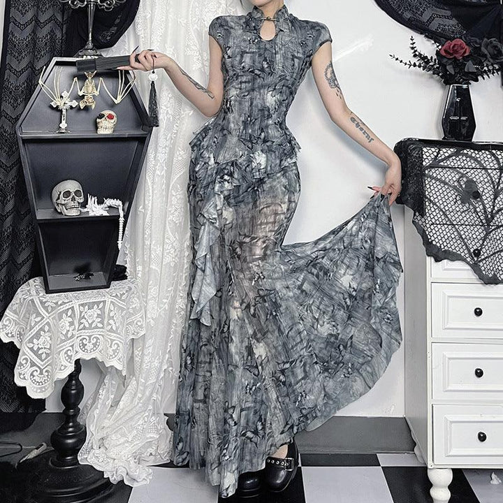 a woman wear a gray gothic chinese style butterfly print top and dress outfits
