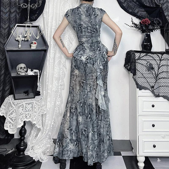 a woman wear a gray gothic chinese style butterfly print top and dress outfits
