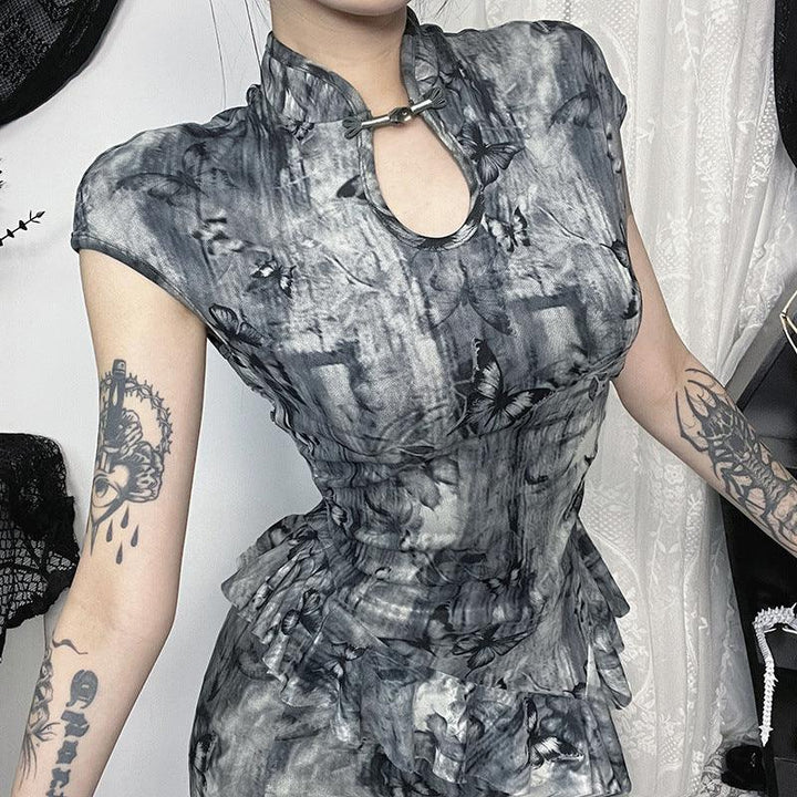 gray gothic chinese style butterfly print top