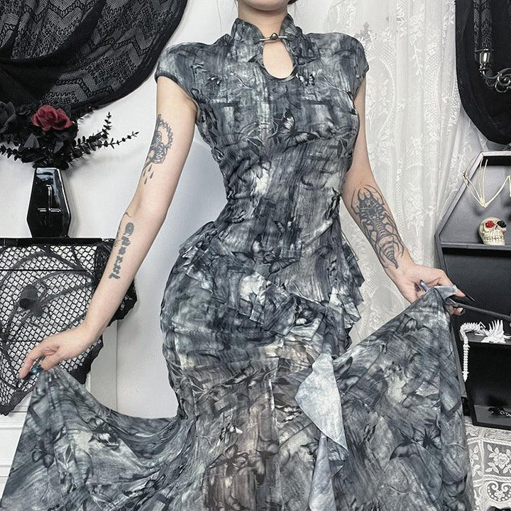 a woman wear a gray gothic chinese style butterfly print top and dress outfits