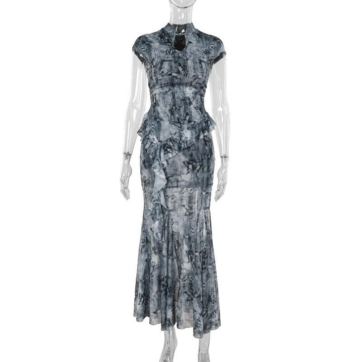 details of gray gothic chinese style butterfly print top and dress outfits