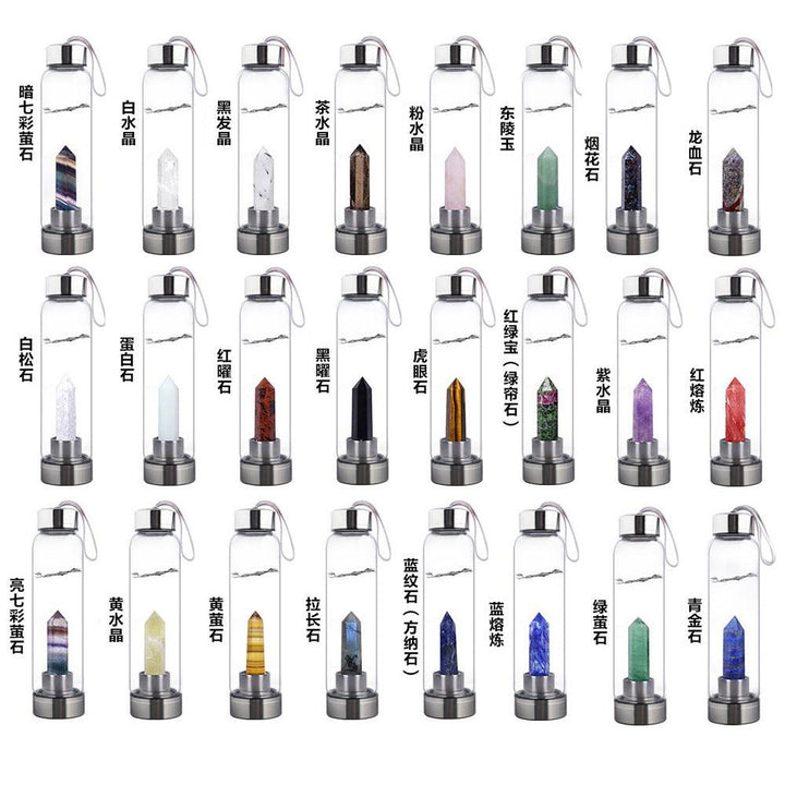 details of hexagonal crystal energy healing glass water bottle