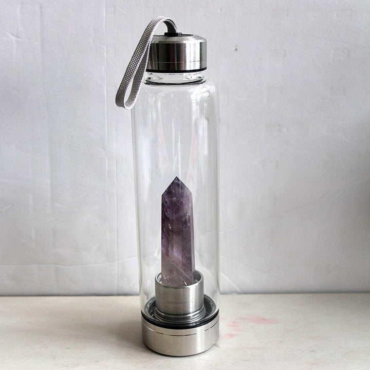 hexagonal Amethyst crystal energy healing glass water bottle
