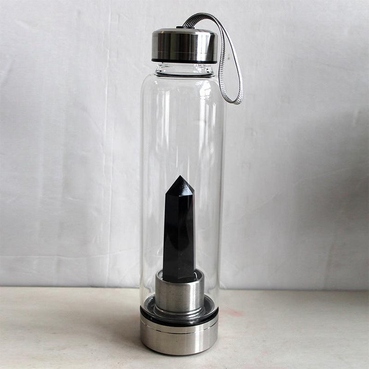 hexagonal Obsidian crystal energy healing glass water bottle