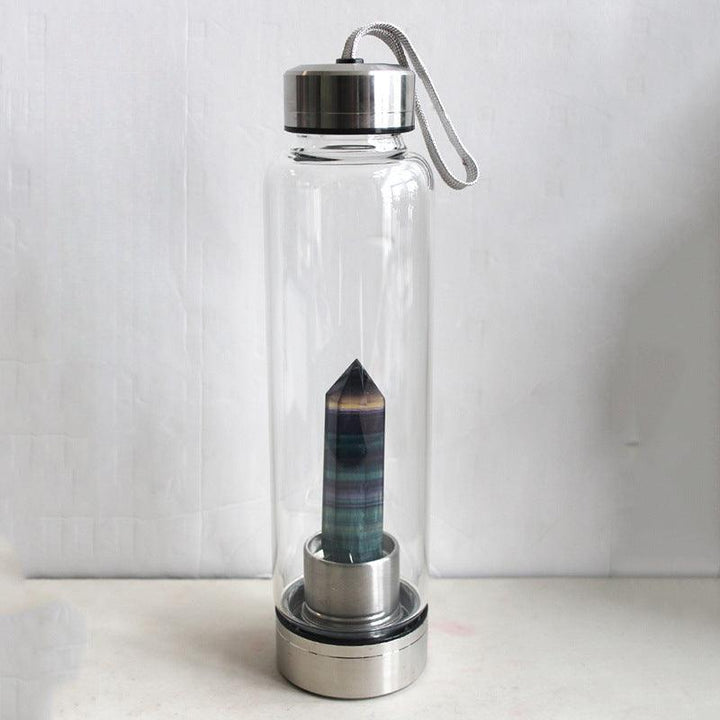 hexagonal Dark Rainbow Fluorite crystal energy healing glass water bottle