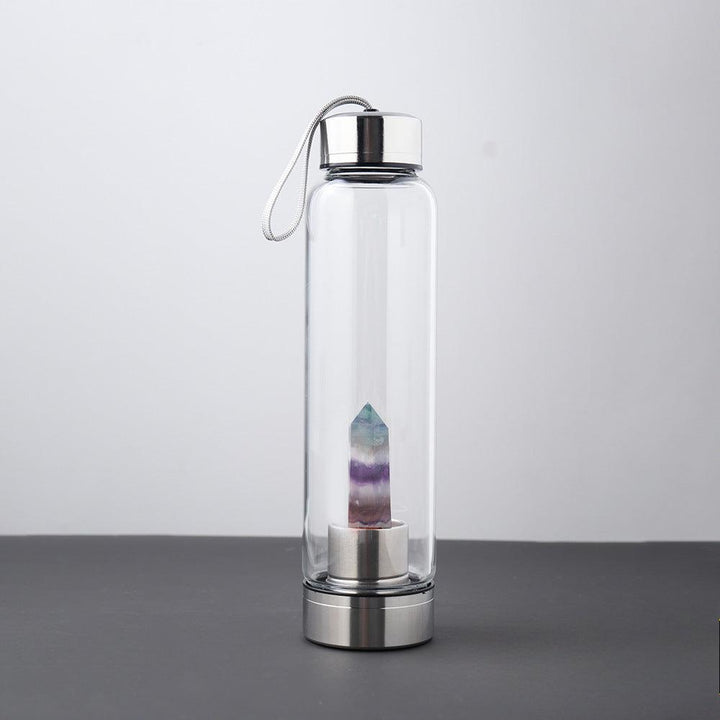 hexagonal Light Rainbow Fluorite crystal energy healing glass water bottle