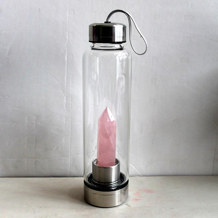 hexagonal Rose Quartz crystal energy healing glass water bottle