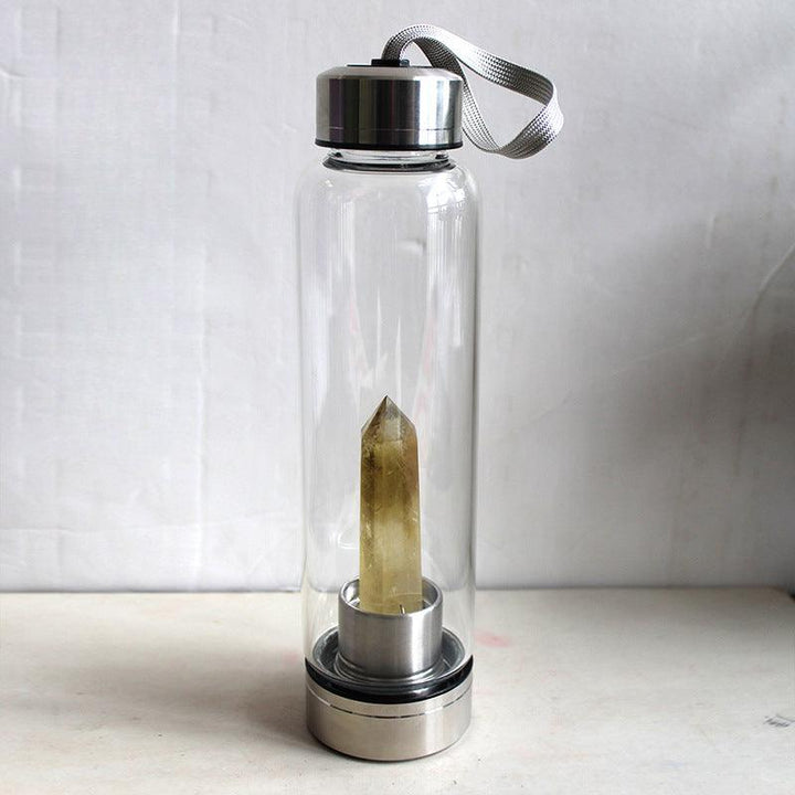 hexagonal Yellow Quartz crystal energy healing glass water bottle