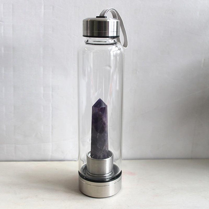 hexagonal Dreamy Amethyst crystal energy healing glass water bottle