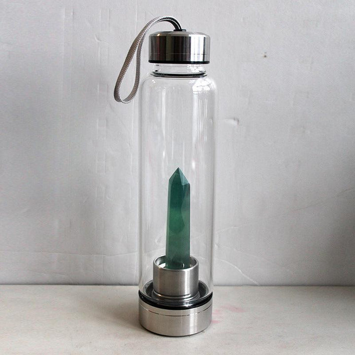 hexagonal Green Fluorite crystal energy healing glass water bottle