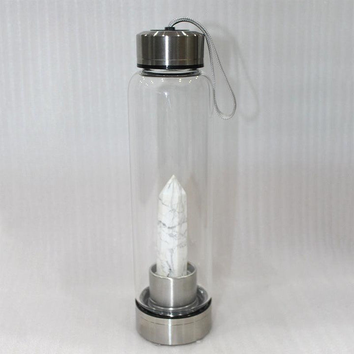 hexagonal White Turquoise crystal energy healing glass water bottle