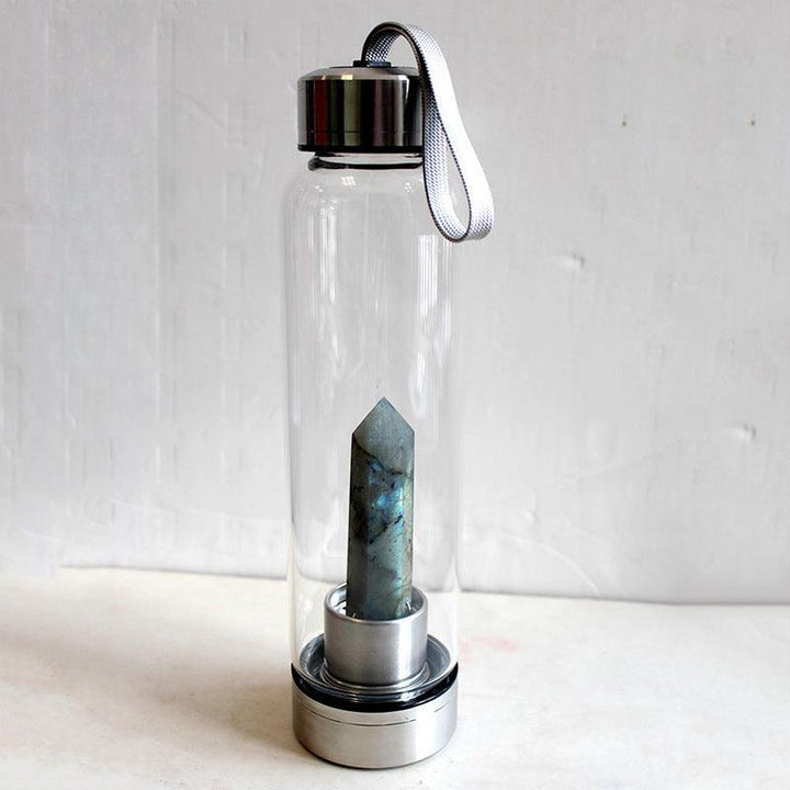 hexagonal Labradorite crystal energy healing glass water bottle
