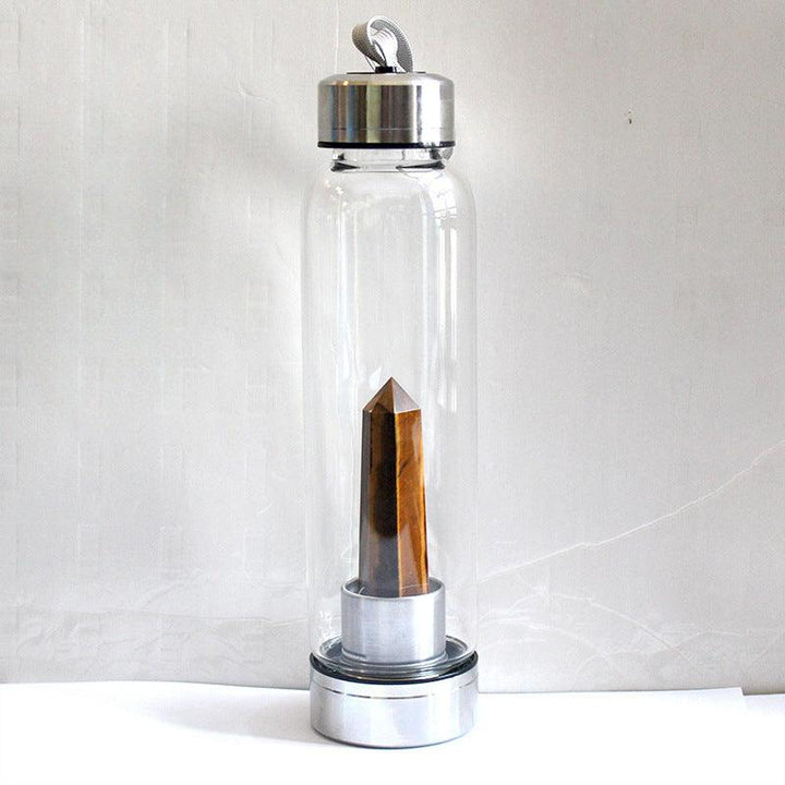 hexagonal Tiger's Eye crystal energy healing glass water bottle