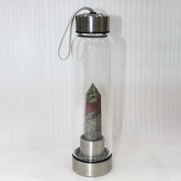 hexagonal Dragon Bloodstone crystal energy healing glass water bottle