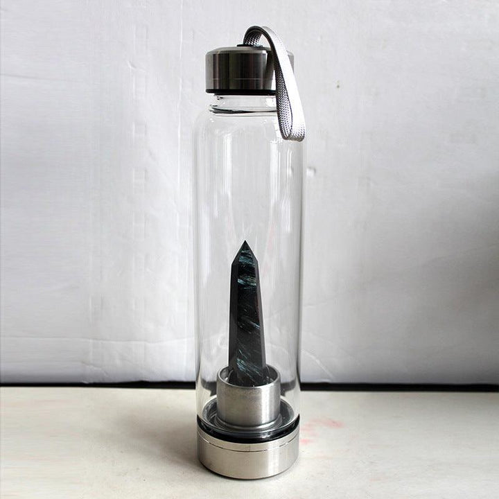 hexagonal Smoky Stone crystal energy healing glass water bottle