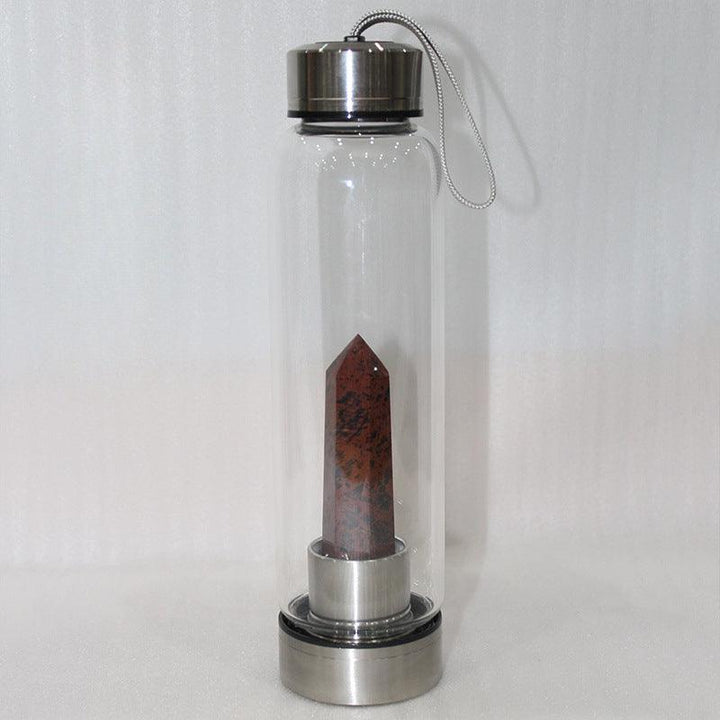 hexagonal Red Obsidian crystal energy healing glass water bottle