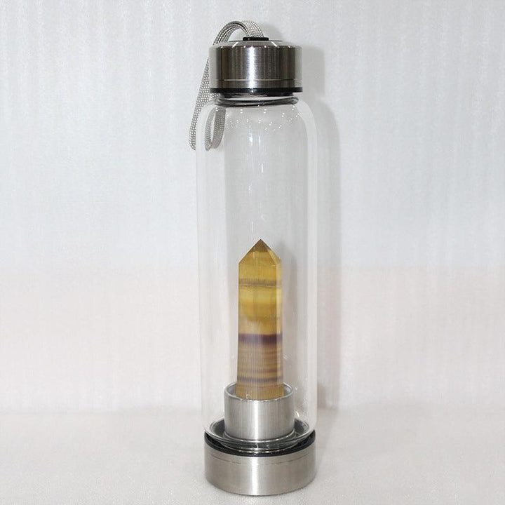 hexagonal Yellow Fluorite crystal energy healing glass water bottle