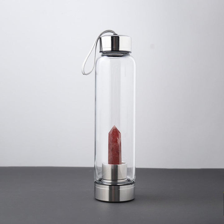 hexagonal Strawberry Quartz crystal energy healing glass water bottle