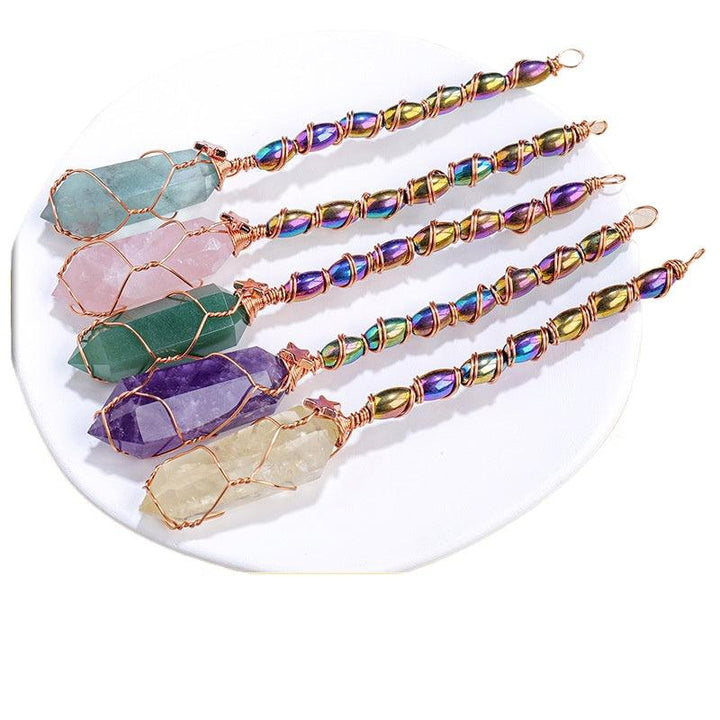 hexagonal crystal magic energy wand with gold wire wrapping