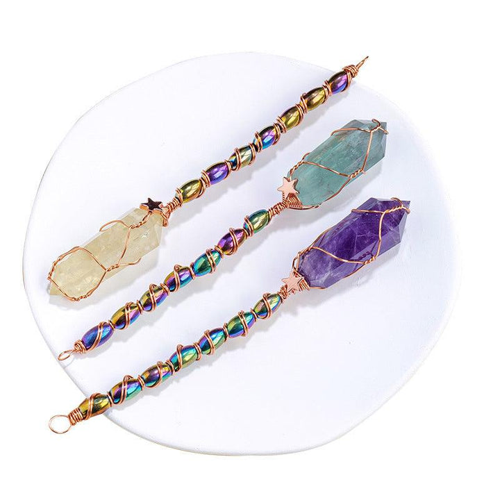three hexagonal crystal magic energy wand with gold wire wrapping