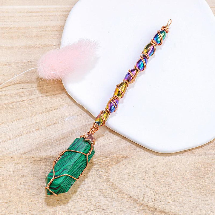 hexagonal Malachite crystal magic energy wand with gold wire wrapping