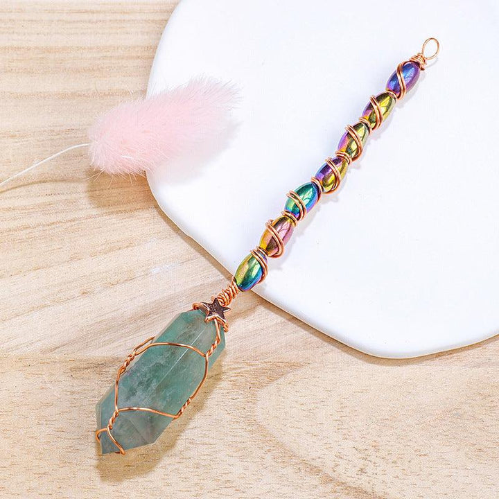 hexagonal green fluorite crystal magic energy wand with gold wire wrapping