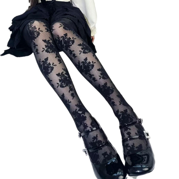 lolita plaid floral sexy black stockings